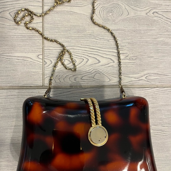 Vintage Brown Tortoiseshell Clutch Crossbody with Gold Chain Women